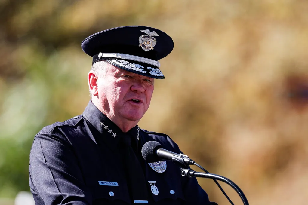 Los Angeles Police Department Chief Jim McDonnell speaks at a podium during the 9/11 Remembrance Ceremony.