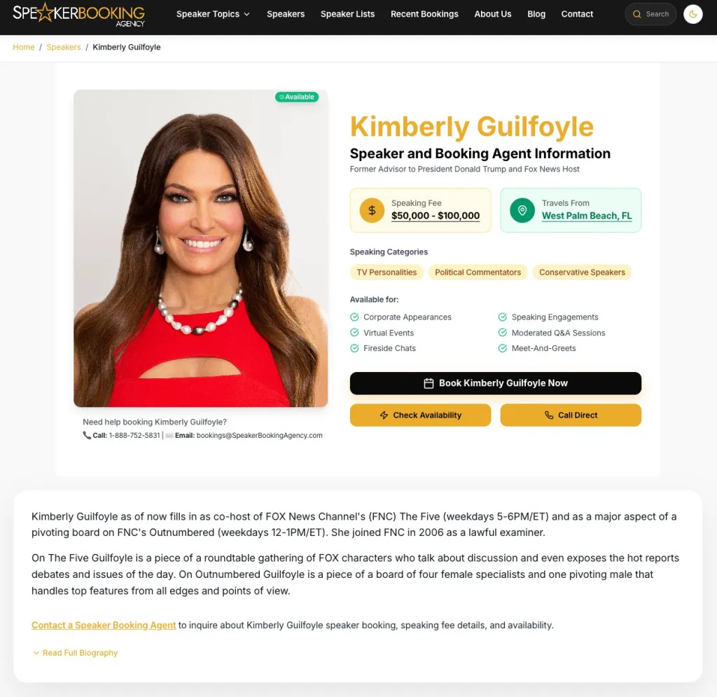 Webpage profile for Kimberly Guilfoyle on Speaker Booking Agency showing her speaking fee, categories, and availability.