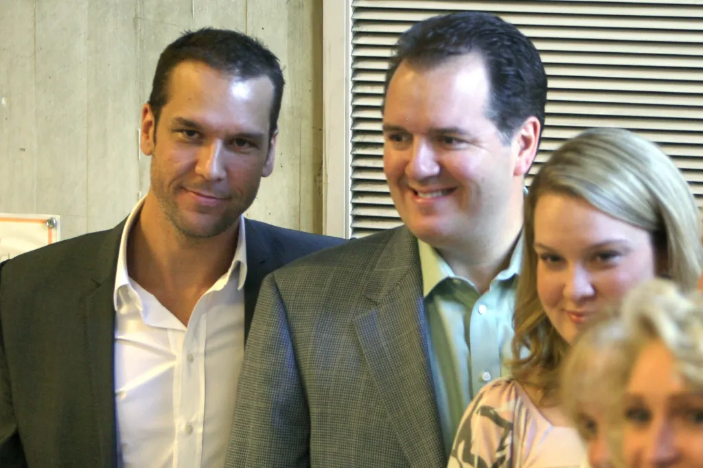 Dane Cook with half brother Darryl McCauley and other family members at Boston City Hall.