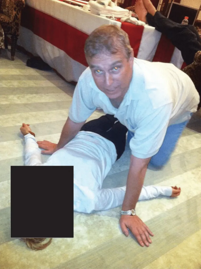 British former Prince Andrew Mountbatten-Windsor kneeling over a woman lying on the floor, with the woman's face redacted.