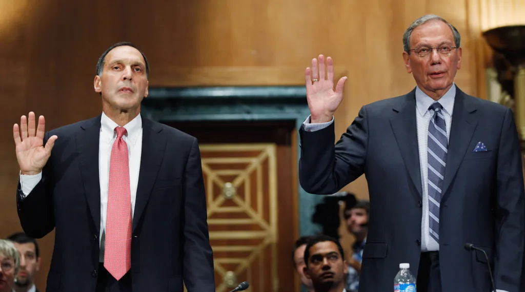Former Lehman Brothers Chairman and CEO Richard Fuld and attorney Harvey Miller are sworn in before testifying to the Financial Crisis Inquiry Commission on Capitol Hill.