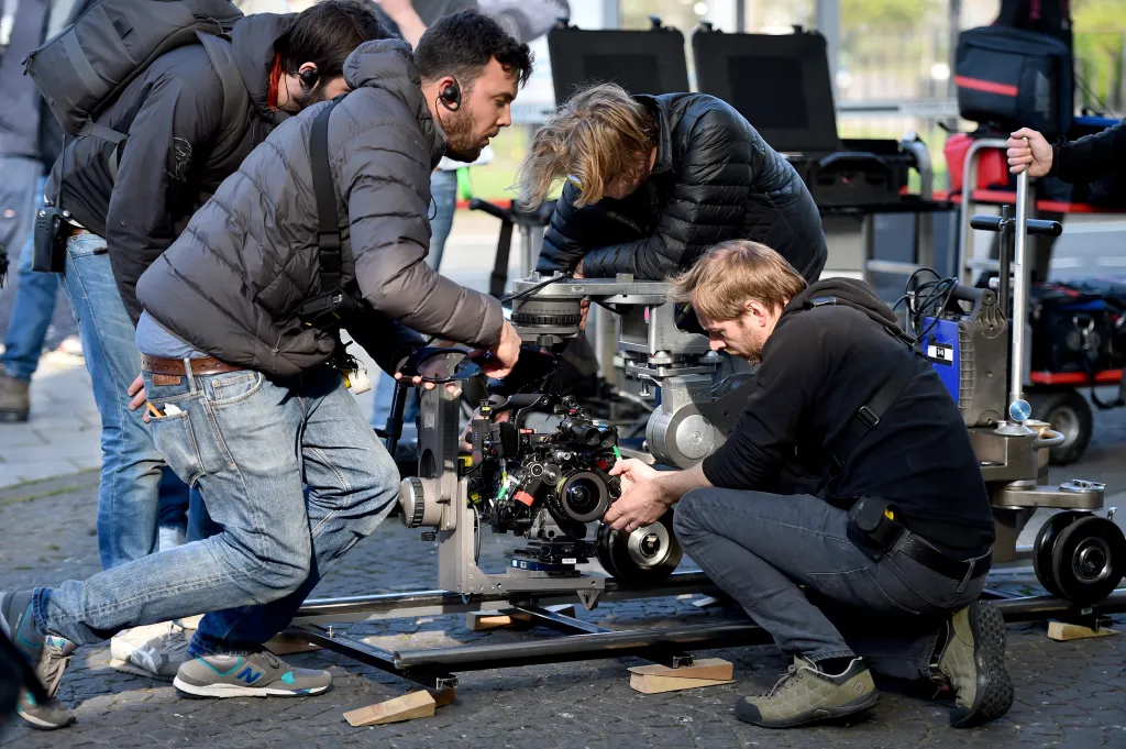 A camera crew working on the set of the film sequel 