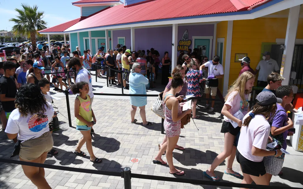 Guests line up outside Cowabunga Bay Water Park.
