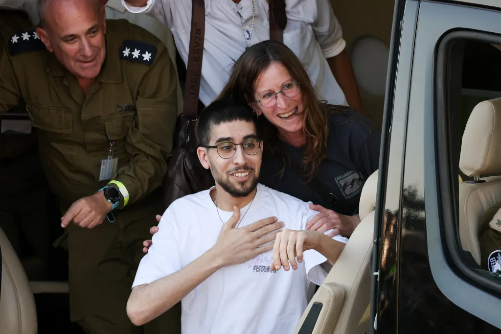 Released hostage Evyatar David reacts upon arrival at the site of Rabin Medical Center-Beilinson Hospital in Petah Tikva, Israel.