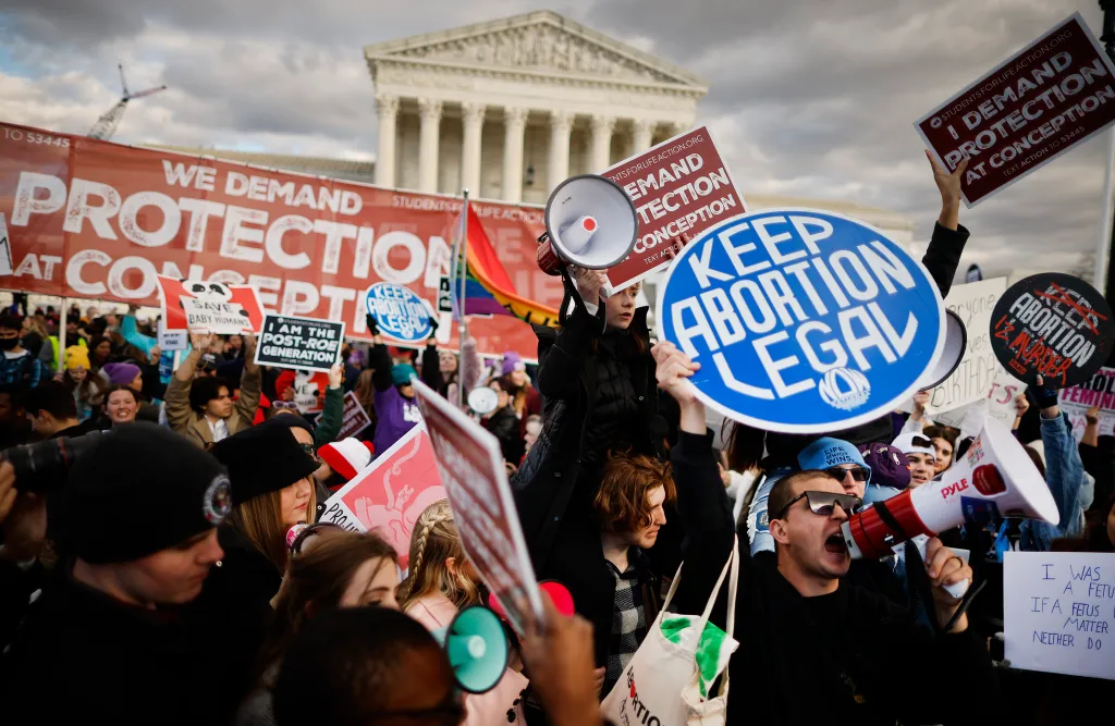 Abortion-rights supporters stage a counterprotest on the National Mall.
