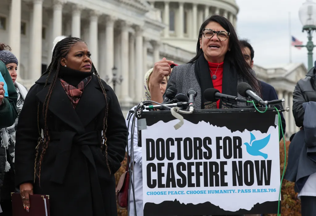 U.S. Rep. Rashida Tlaib speaks at a press conference alongside Rep. Cori Bush outside the U.S. Capitol, calling for a permanent ceasefire in Gaza.
