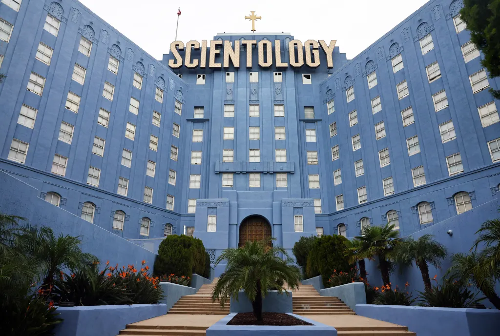 A low-angle view of the Church of Scientology building in Los Angeles, California.