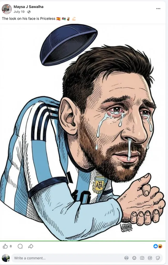 Illustration of Argentina soccer star Lionel Messi distorted to look like how Nazi propaganda depicted Jews.