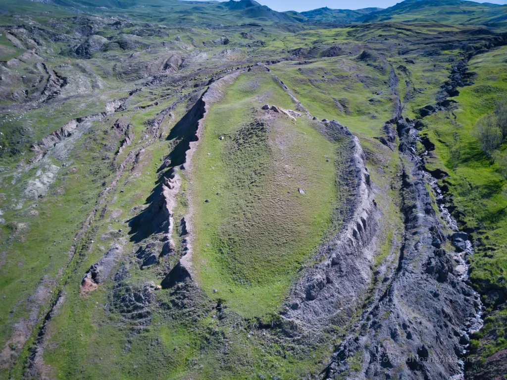Aerial view of the Durupinar Formation, a large boat-shaped geological formation in eastern Turkey.