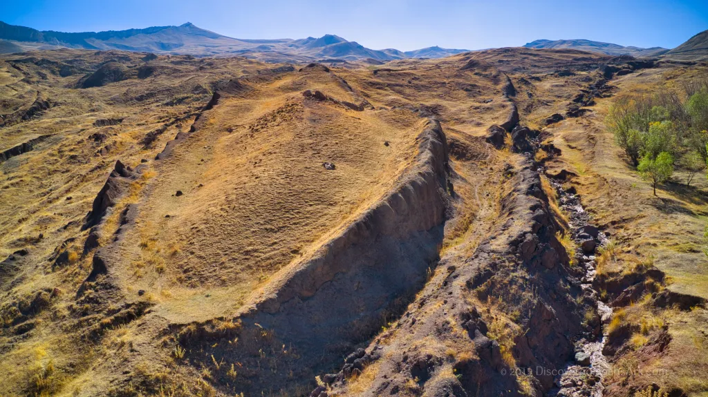 An aerial view of the boat-shaped Durupinar Formation in eastern Turkey, believed by some to be Noah's Ark.