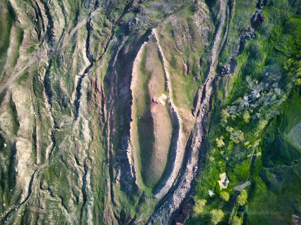 An aerial view of the Durupinar Formation, a boat-shaped geological formation in eastern Turkey.