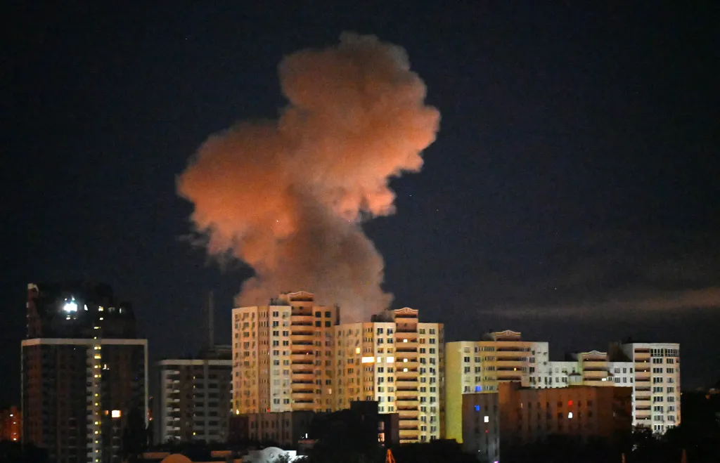 Smoke from an explosion rises following a Russian missile strike in Kyiv, Ukraine, Tuesday, Sept. 8, 2026.