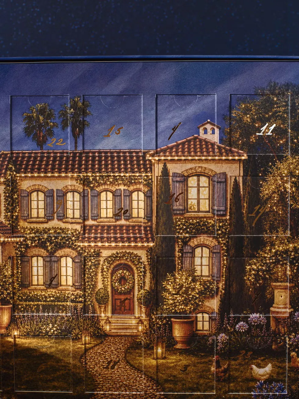 Illustration of a Comparts advent calendar featuring a festive Spanish-style estate.