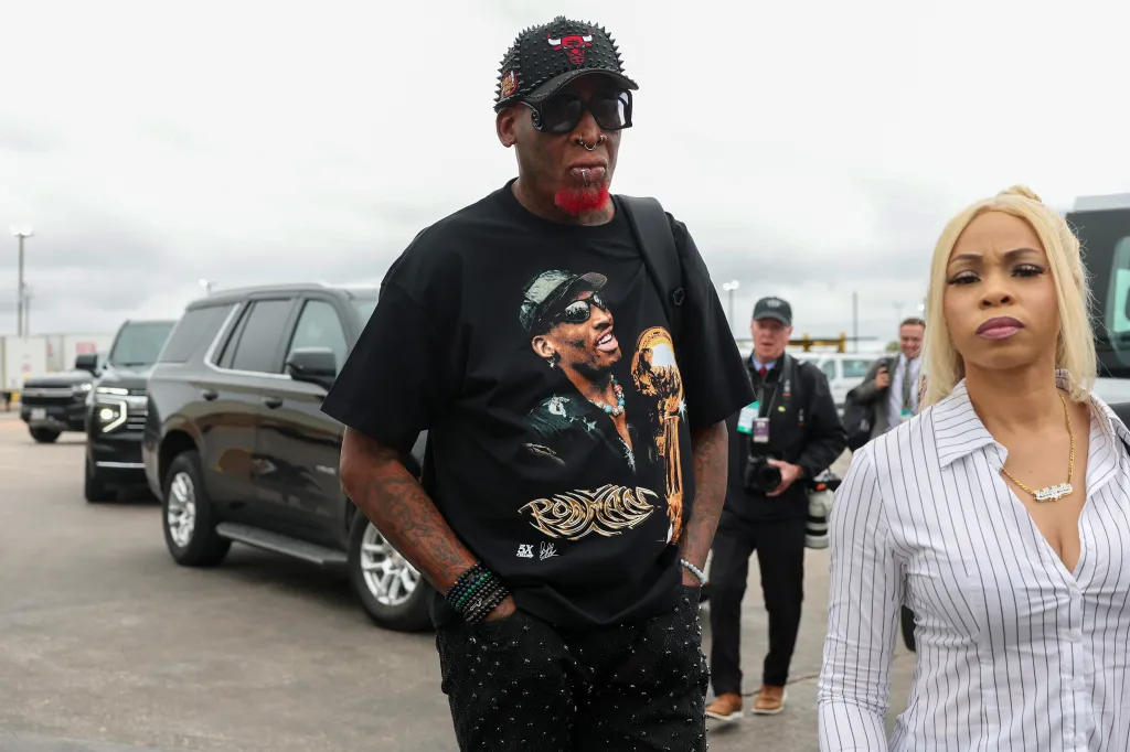 Former NBA player Dennis Rodman arrives at the Peterbilt Motors truck plant in Texas.