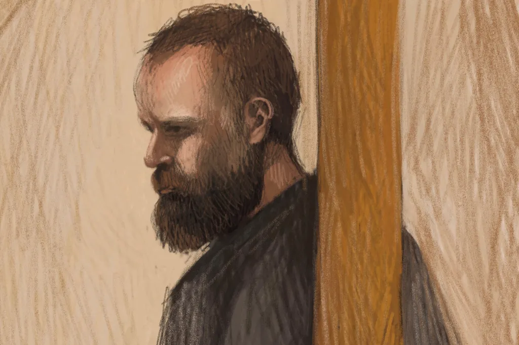 Illustration of Brendan Nugent at a court hearing in Wangaratta.