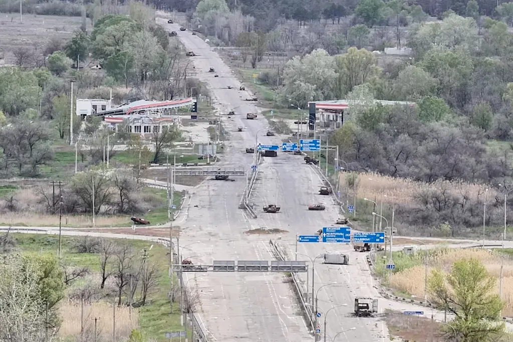 Destroyed cars on a highway leading from Oleshky in the Kherson region of Ukraine.