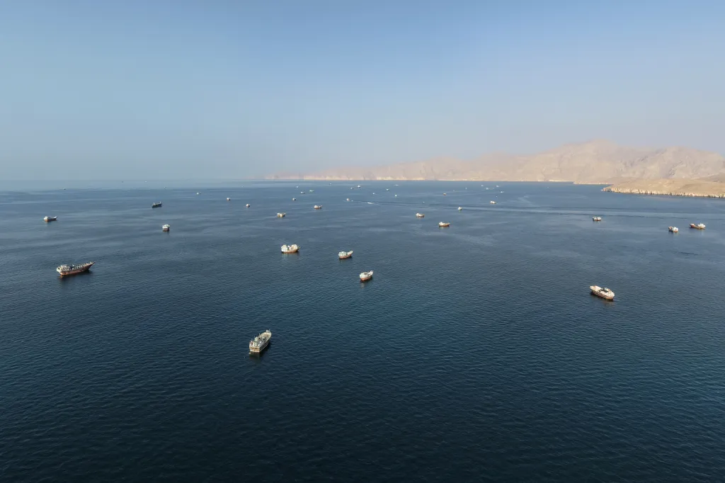 An aerial view shows ships anchored off the coast of Khasab in Oman's Musandam Governorate, near the Strait of Hormuz.