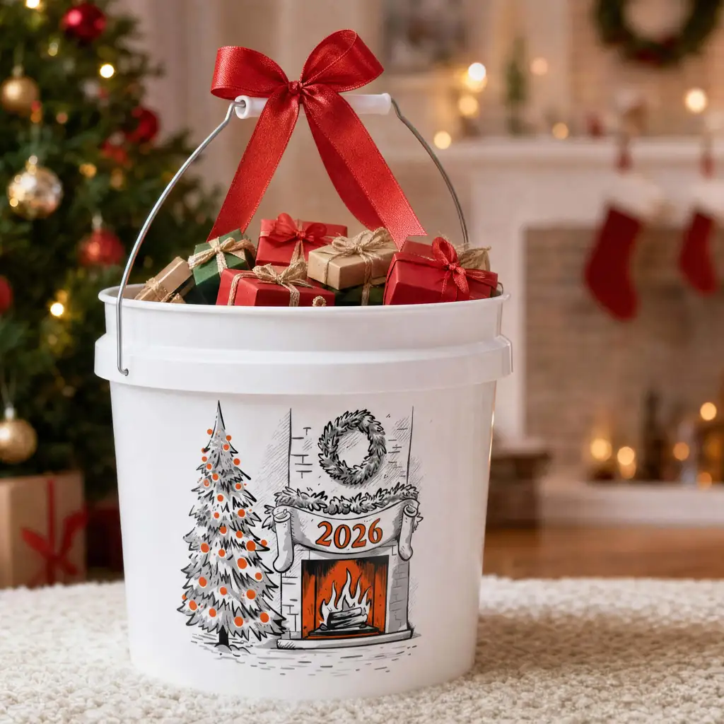 A white bucket filled with small wrapped gifts and topped with a red bow, set against a festive holiday background.