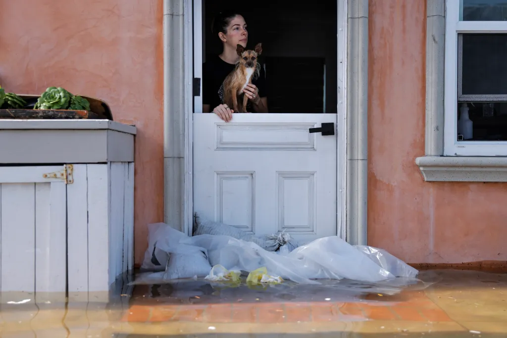 Dani Wynne and her dog Little Dude look out from their front door during high tide coastal flooding.