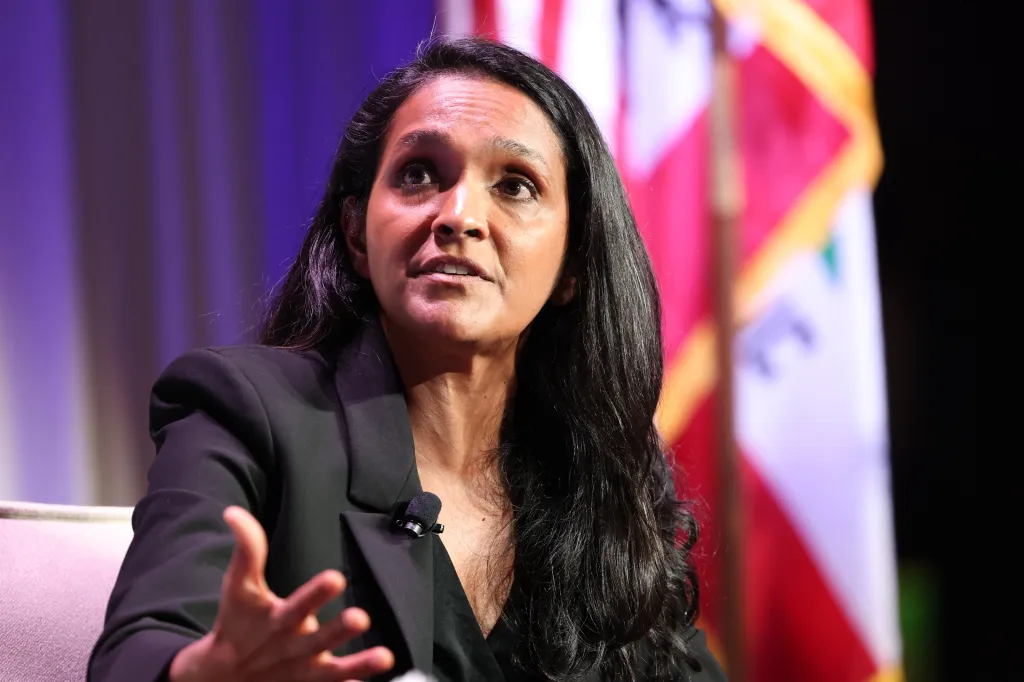 Los Angeles City Councilmember Nithya Raman speaking at a forum.