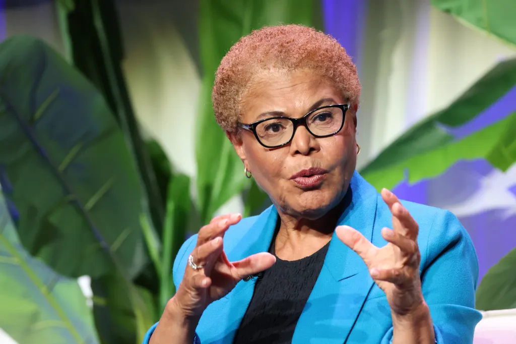 Los Angeles Mayor Karen Bass speaks and gestures during the mayoral forum.