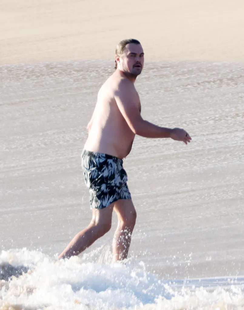 Leonardo DiCaprio goes shirtless in swim trunks during a beach day in Hawaii.