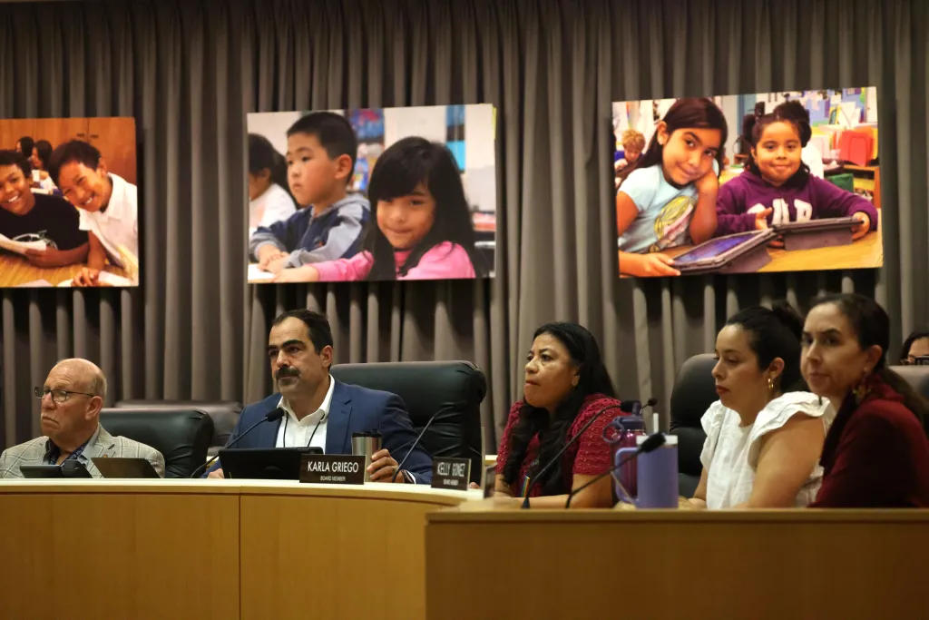 Los Angeles Board of Education members Scott Schmerelson, Board President Michael McLean, Board Secretary Karla Griego, Kelly Gonez, and Tanya Ortiz Franklin listen to public comments during a board meeting.