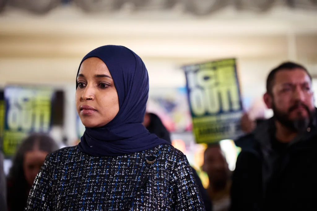 Rep. Ilhan Omar speaks at a news conference.