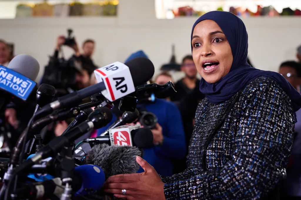 Rep. Ilhan Omar speaks at a news conference in Minneapolis, Minn.