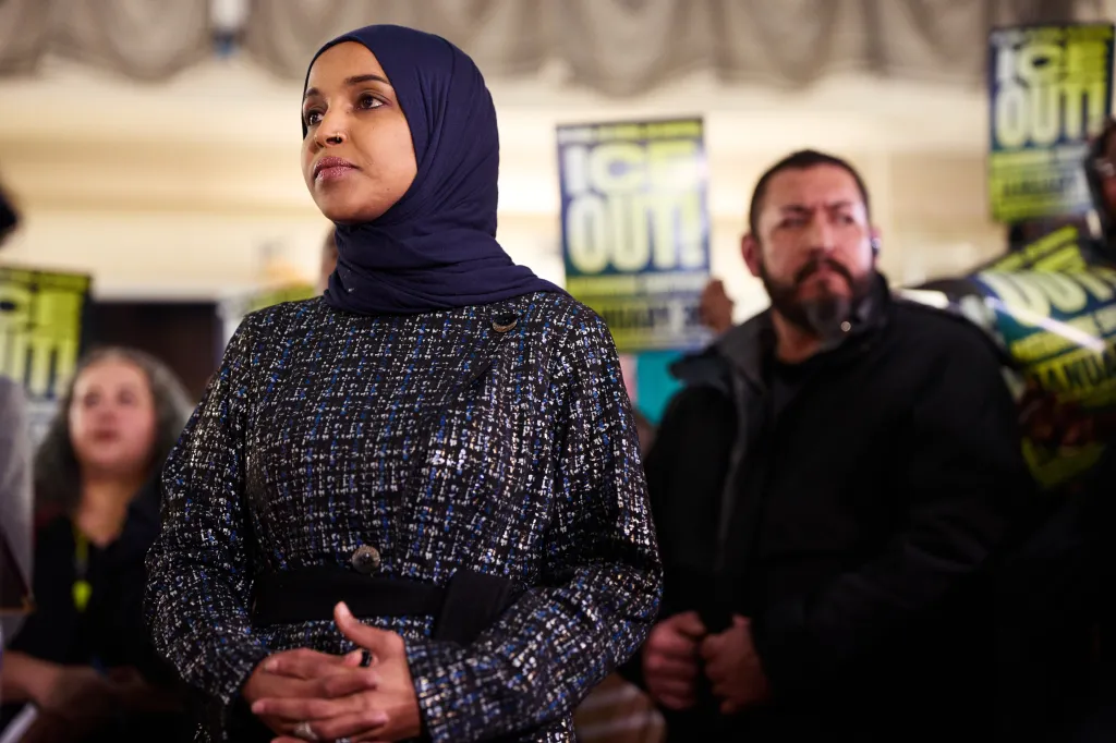 Rep. Ilhan Omar speaks at a news conference in Minneapolis.