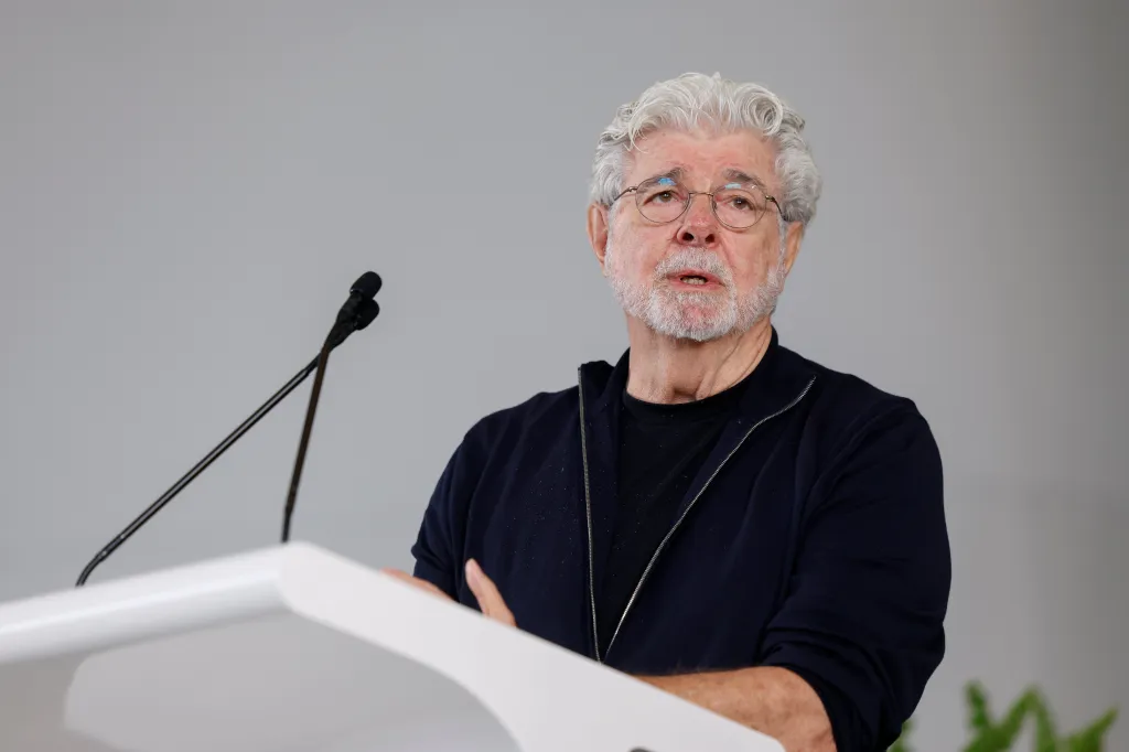 Co-Founder George Lucas speaks at the opening of the Lucas Museum of Narrative Art in Los Angeles.
