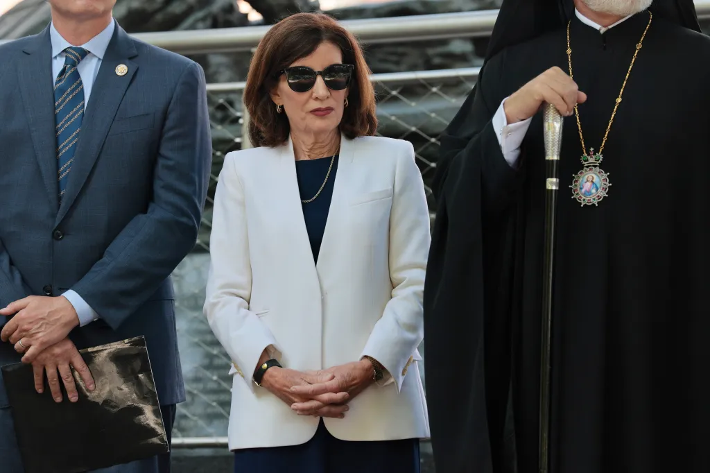 New York Gov. Kathy Hochul attends the 1993 World Trade Center Bombing and 9/11 Employee Memorial Dedication Ceremony at Liberty Park.