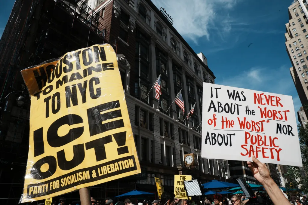Protesters demonstrate at an anti-ICE protest in Herald Square on Oct. 10, 2026, in New York.