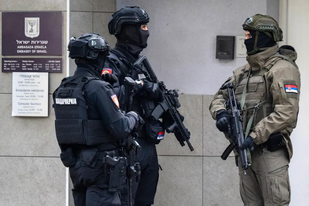 Members of Serbia's Gendarmerie stand guard outside the Israeli embassy in Belgrade.