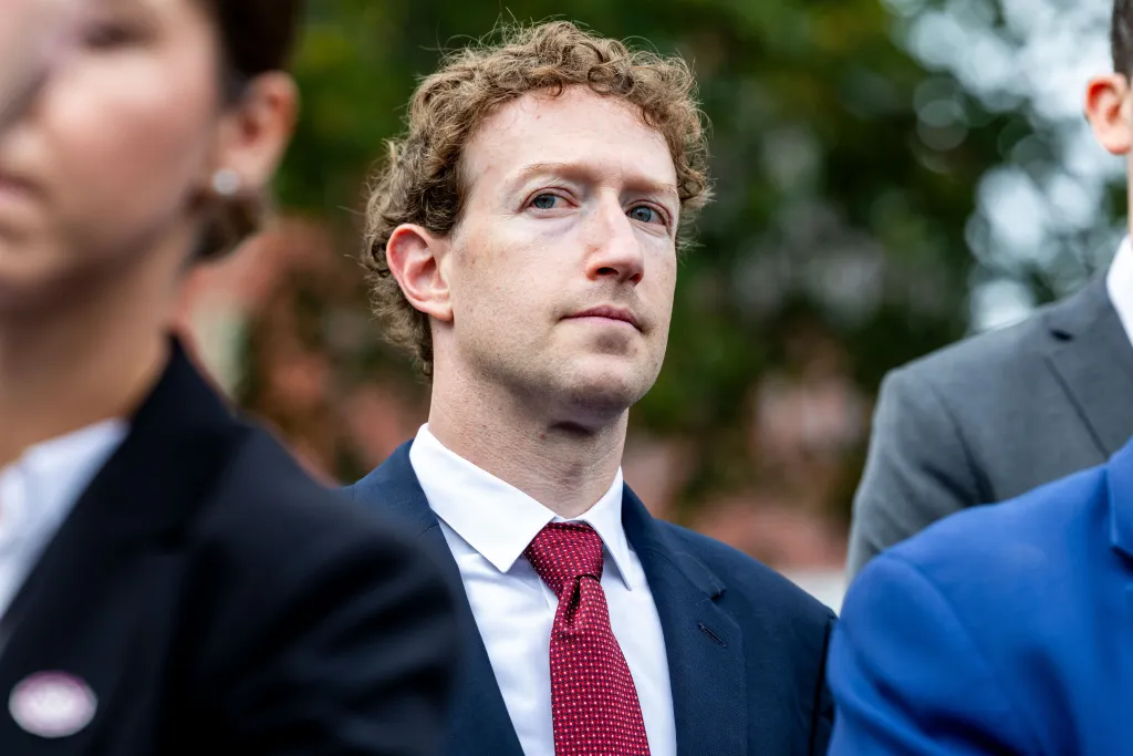 Meta CEO Mark Zuckerberg stands outside the White House following a meeting focused on artificial intelligence and innovation.