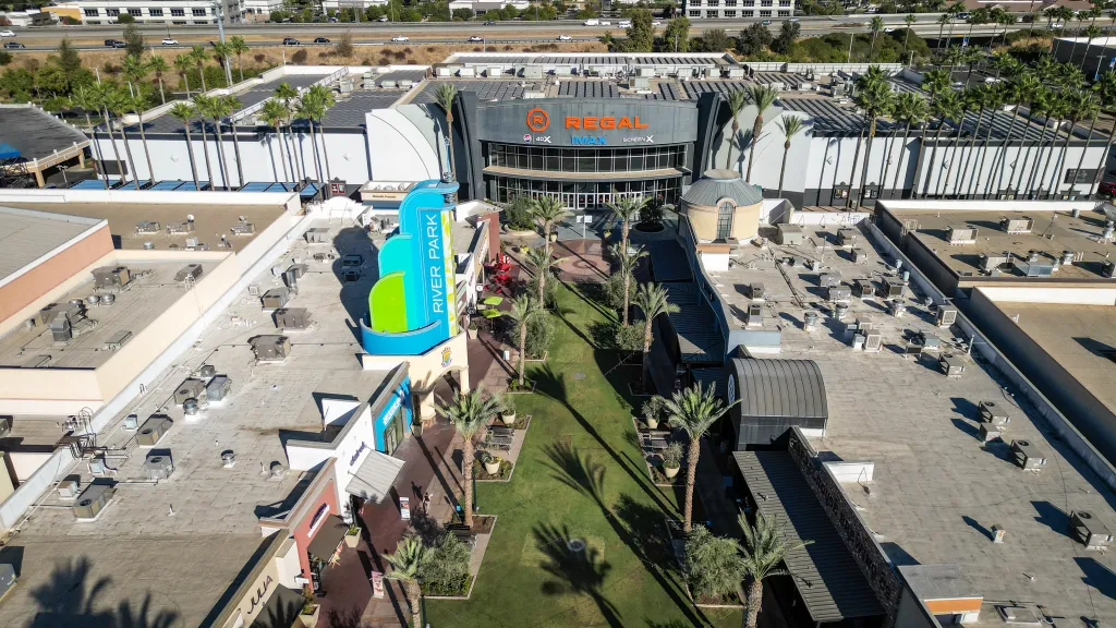 Aerial view of the River Park shopping center in Fresno.