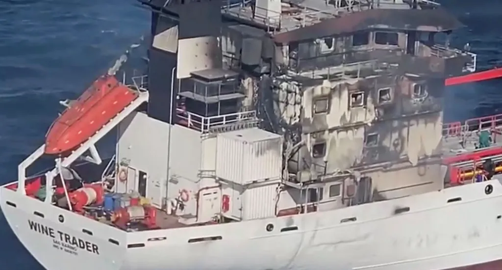 Aerial footage shows the San Marino-flagged tanker Wine Trader on fire in Romanian territorial waters.
