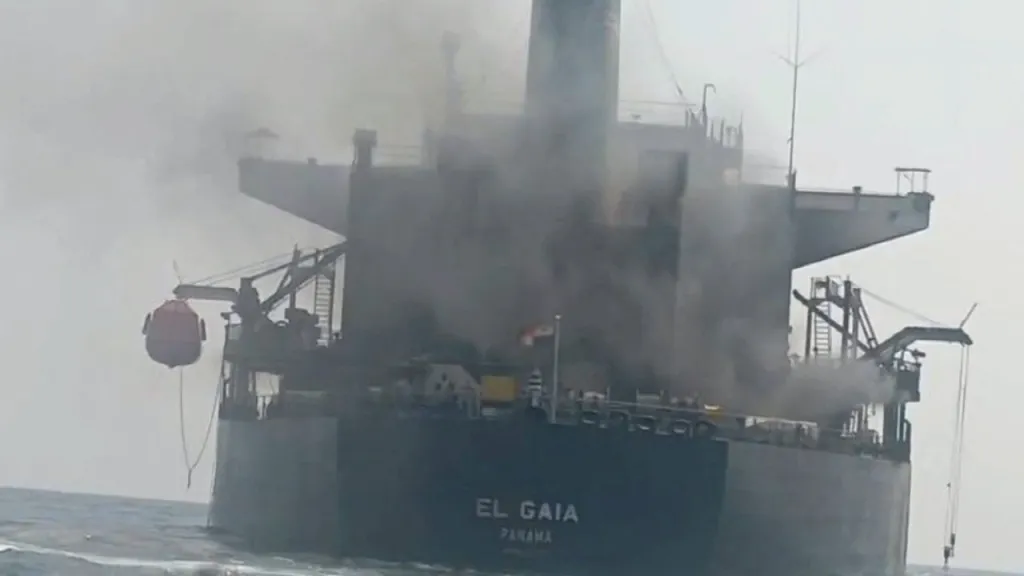 Thick smoke rises from the damaged oil tanker El Gaia in the Strait of Hormuz.