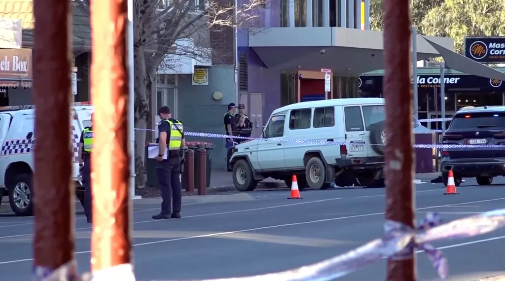 Members of the police stand guard at the crime scene of a vehicle attack on Australian lawmaker Helen Haines in Wangaratta, Australia, on Monday.