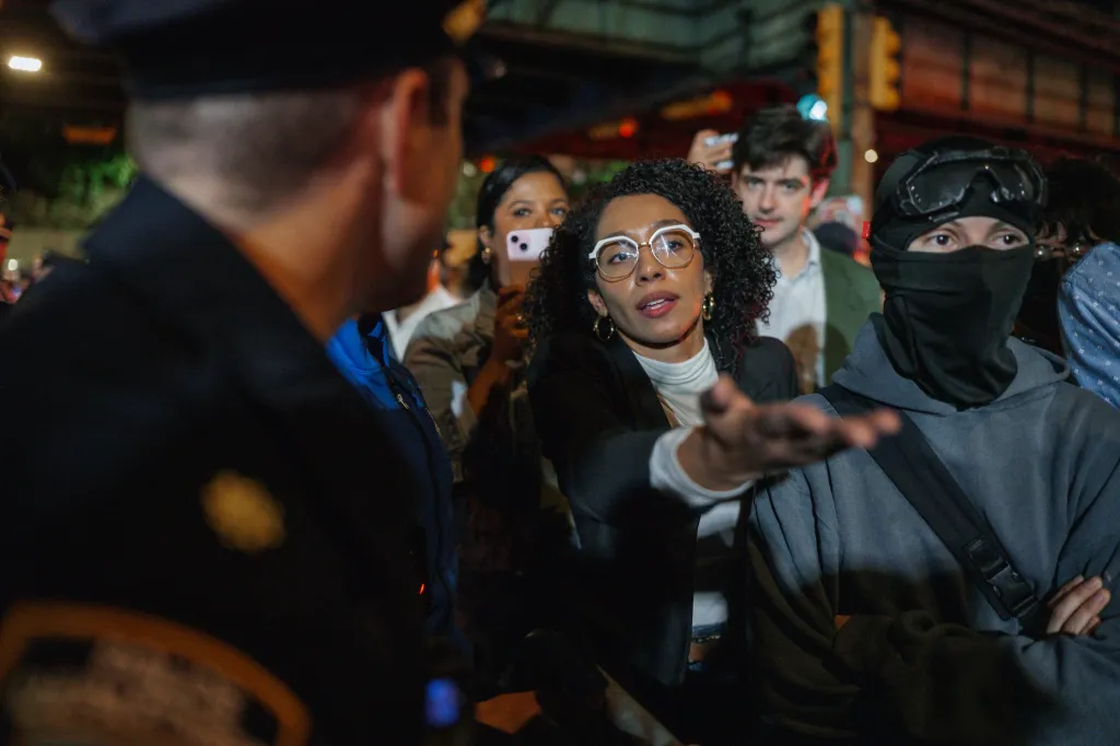 Organizer and congressional candidate Darializa Avila Chevalier at a protest during a crime scene investigation following an ICE shooting in New York.