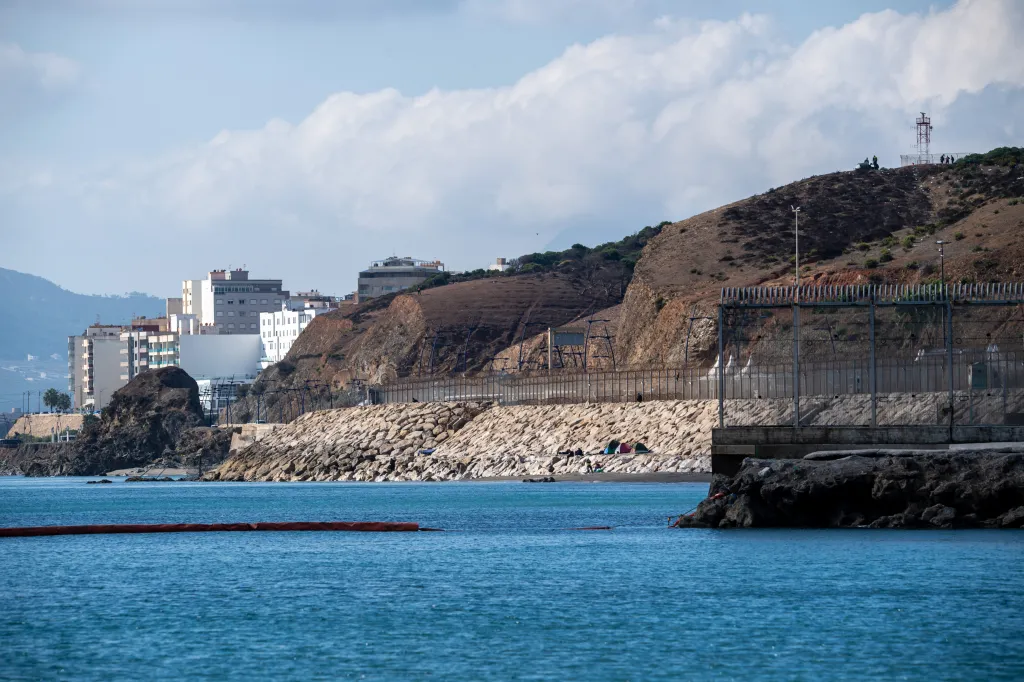 The Espigon fence and floating barrier at the border between Morocco and Spain in Ceuta.