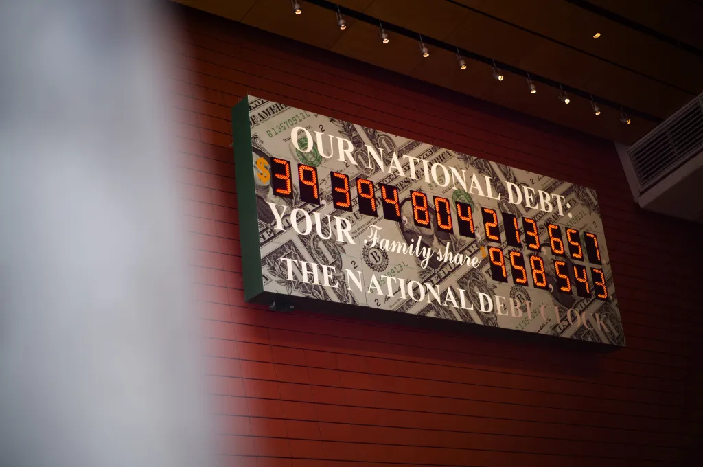 The National Debt Clock displaying total U.S. public debt surpassing $40 trillion.