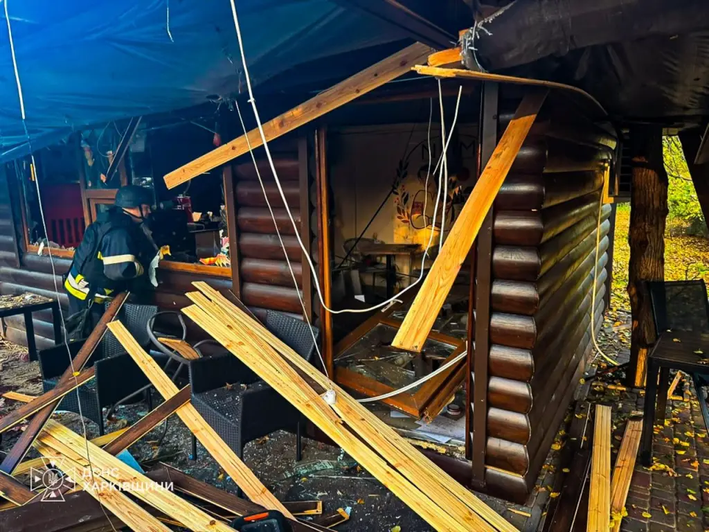 The aftermath of a Russian drone strike at Nova Vodolaha Park in the Kharkiv region of Ukraine.