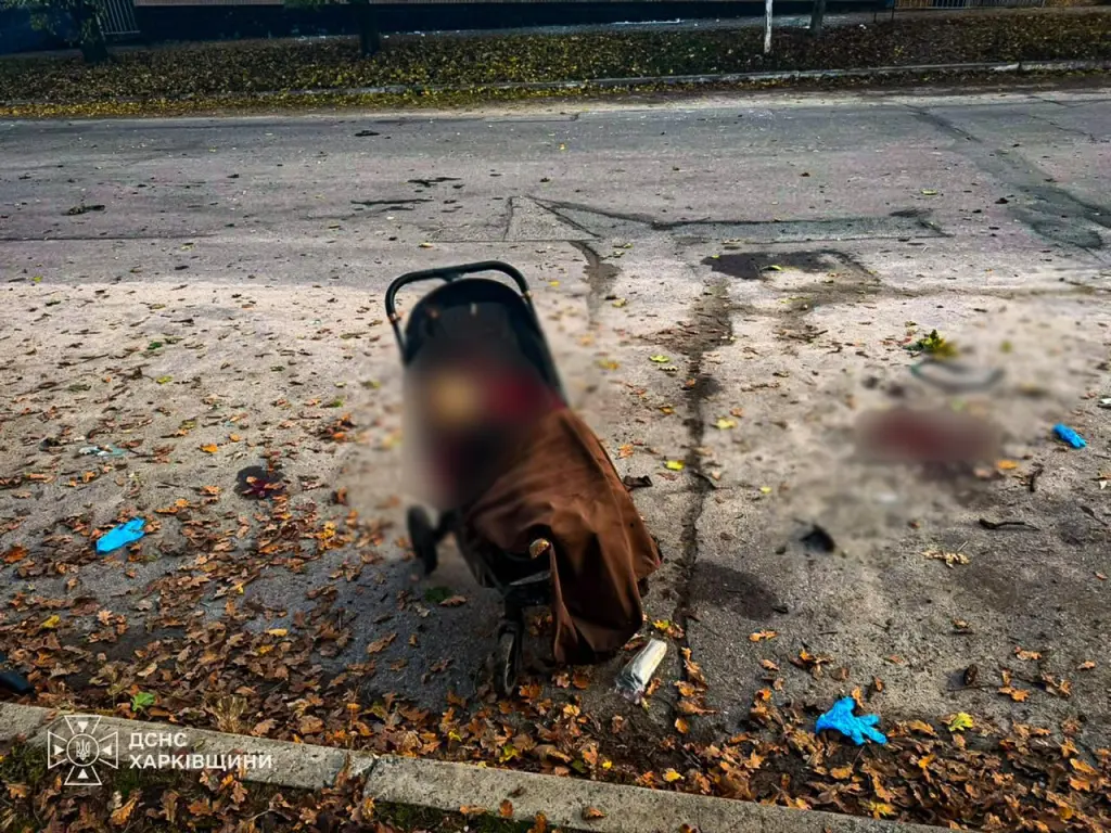 Aftermath of a drone strike in Nova Vodolaha Park in the Kharkiv region of Ukraine, showing a damaged stroller and debris on the ground.