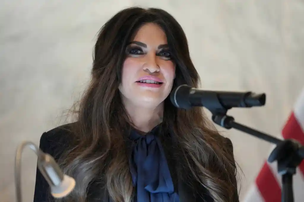 U.S. Ambassador to Greece Kimberly Guilfoyle speaks during a dedication ceremony at the chancery of the U.S. Embassy in Athens.