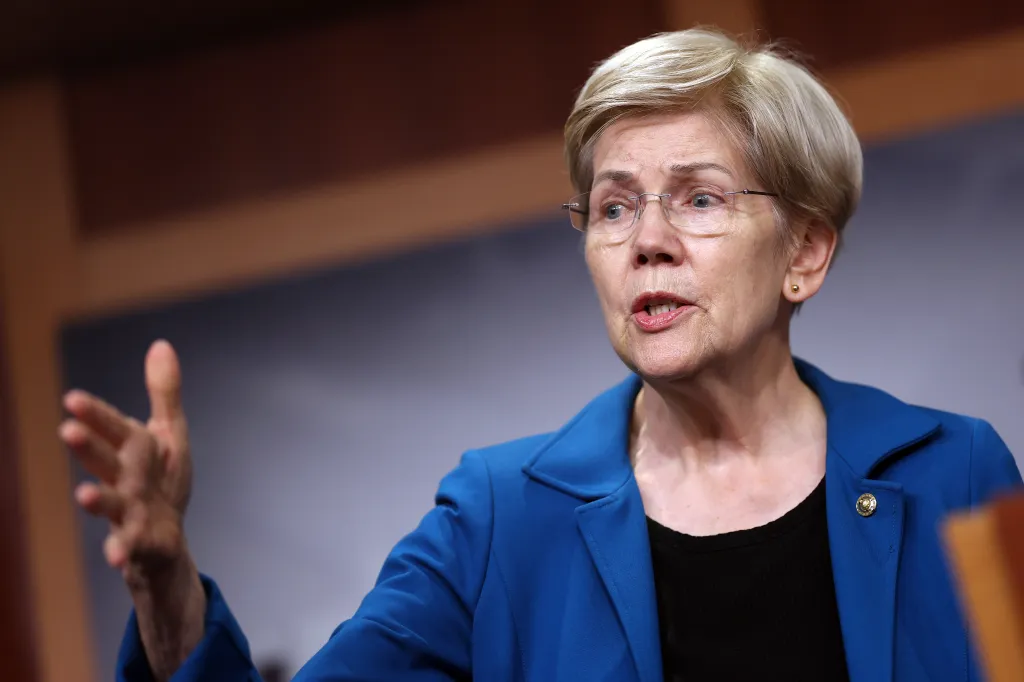 U.S. Sen. Elizabeth Warren (D-MA) speaks at a press conference on China AI export controls at the U.S. Capitol.