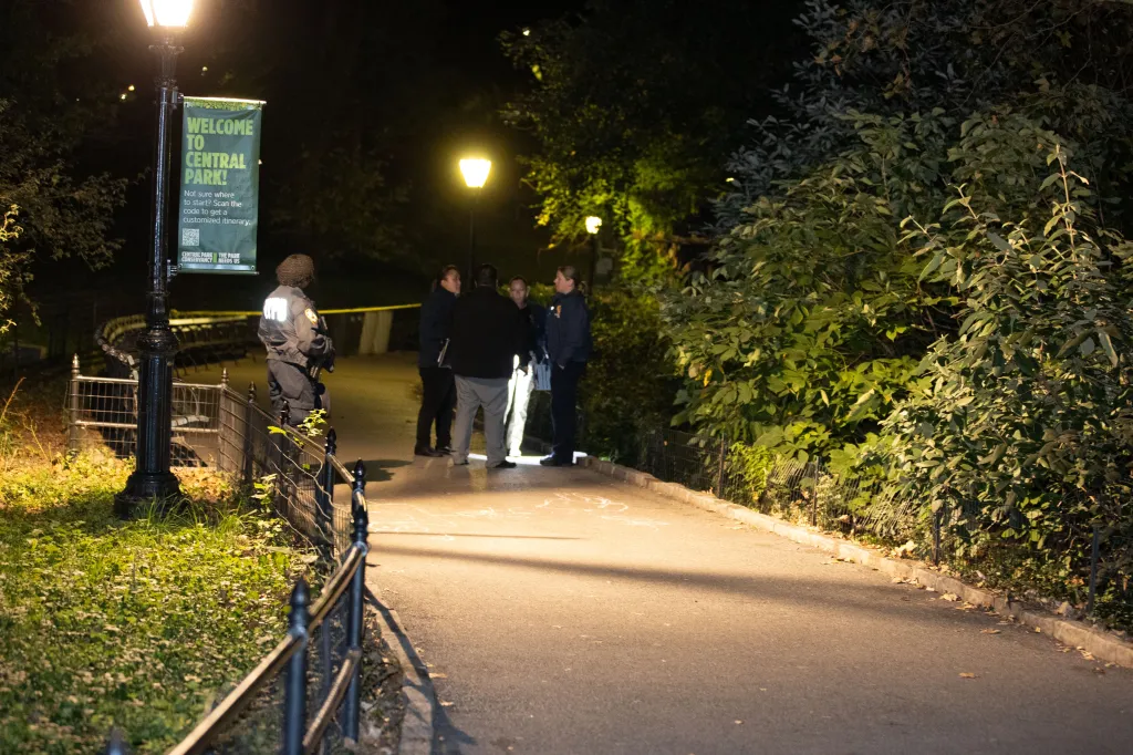 Crime Scene Unit officers at the scene of an assault in Central Park at night.