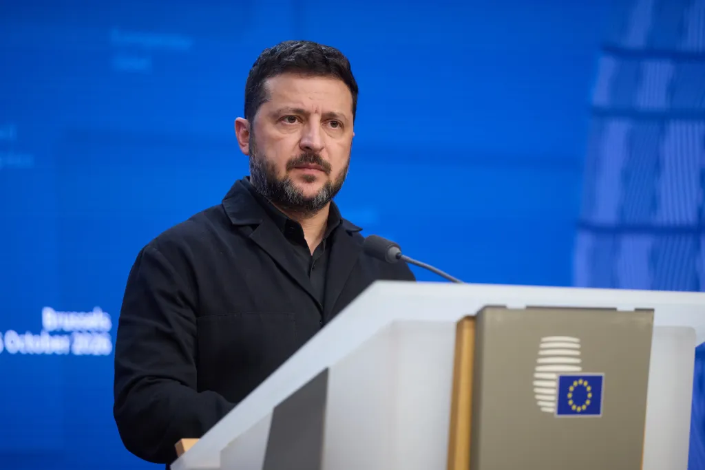 Ukrainian President Volodymyr Zelensky at a podium during the EU summit in Brussels.