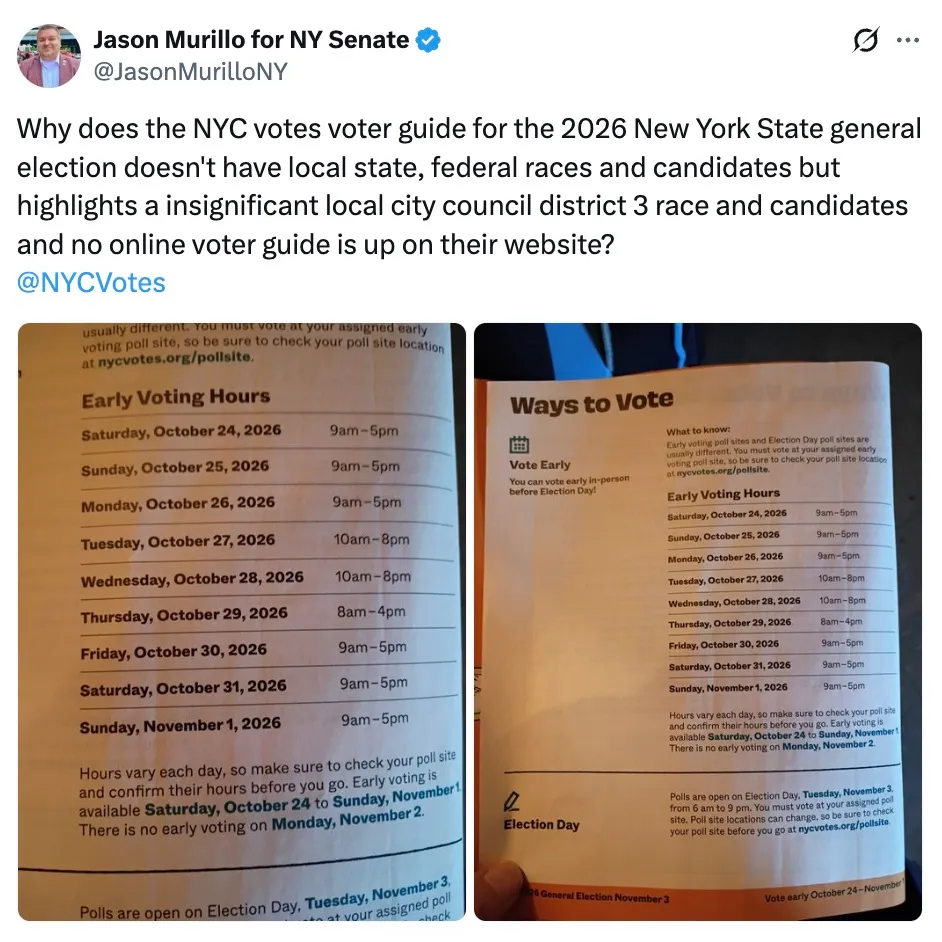 Screenshot of a social media post with a photo of a voting mailer showing early voting hours and information.