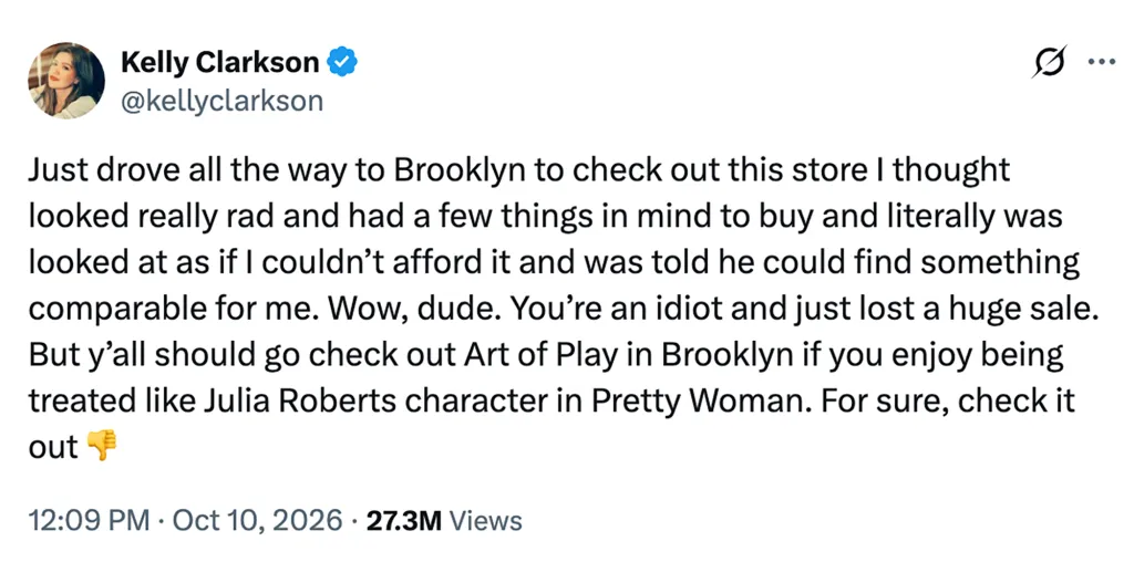 A screenshot of a social media post by Kelly Clarkson complaining about poor service at a store in Brooklyn.